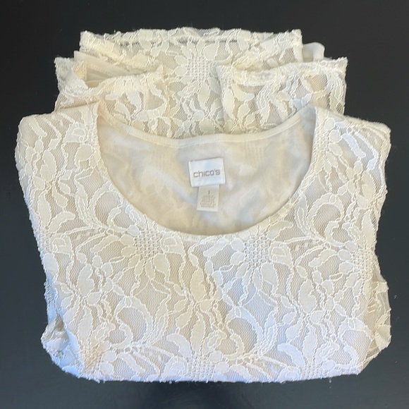 Chico’s Sheer Floral Lace Overlay Pullover Top Size 1/Womens M 3/4 Sleeve Cream - Picture 2 of 10